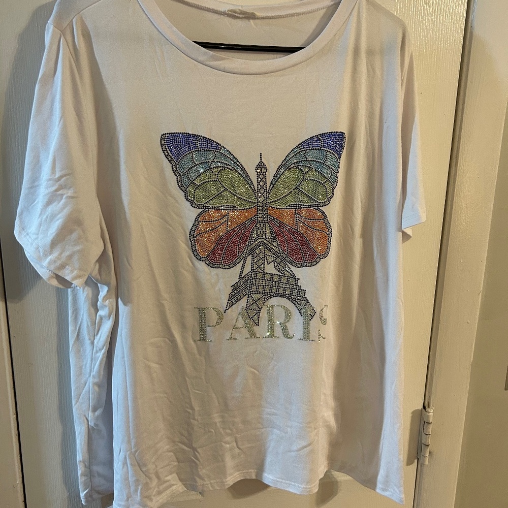 White shirt sleeve Tshirt with Rhinestone Butterfly design